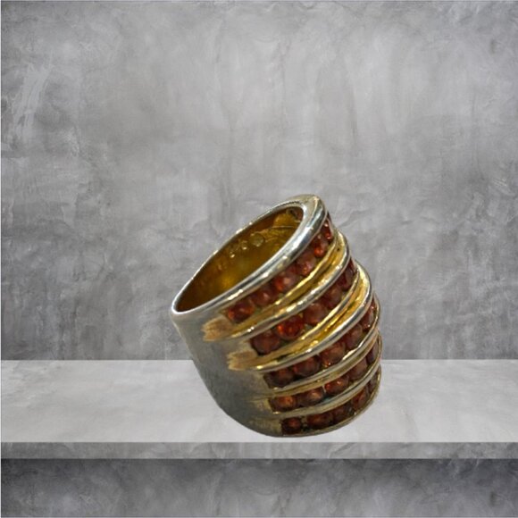 Gold Toned Ruby Ring, Alternating Bands of Metal with Rows of "Rubies" (Faux) - Picture 5 of 5